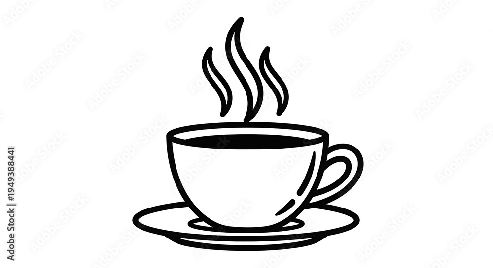 Fototapeta premium A steaming cup of coffee on a saucer with a simple black and white illustration isolated on white background