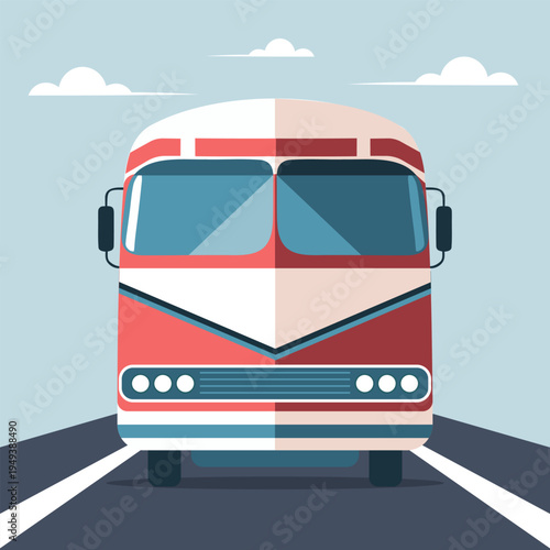 Bus on the road on a sky background. Front view of a retro van. Illustration.