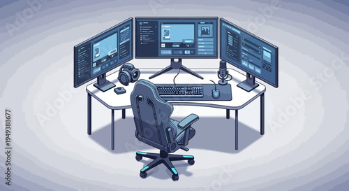 High-Tech Gaming or Trading Setup with Multiple Monitors, Ergonomic Chair, and Modern Peripherals in a Home Office