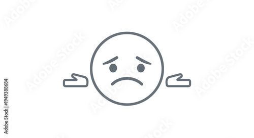 Outline Style Sad Emoji Icon with Thin Shrugged Arms Expressing Uncertainty or Disappointment on Isolated White Background
