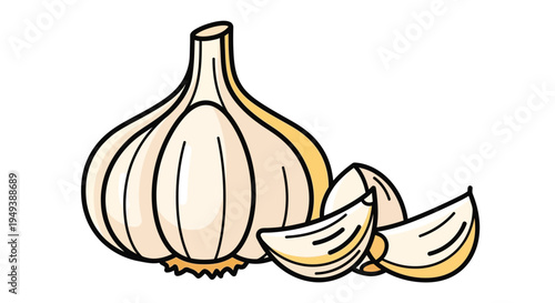 A cartoon illustration of a whole garlic bulb with three cloves sliced off