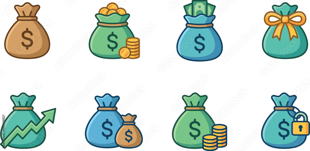 Obraz premium Money bag finance vector icon set with savings investment cash profit growth secure funds and financial wealth symbols