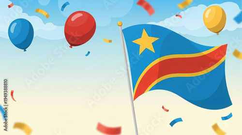 Democratic Republic of Congo Flag Waving with Balloons and Confetti in Blue Sky Vector Illustration