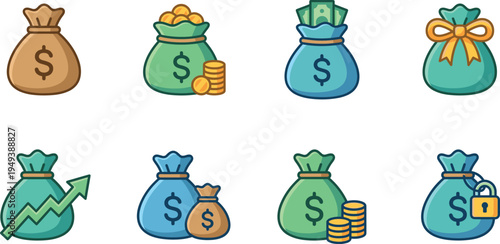 Money bag finance vector icon set with savings investment cash profit growth secure funds and financial wealth symbols