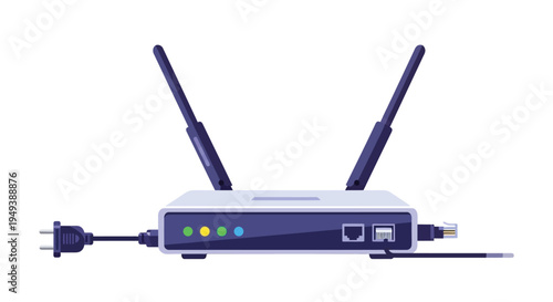 A wireless router with two antennas and a power cord connected to it on a white background