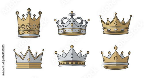 Collection of Six Royal Crowns Illustrating Power and Royalty.