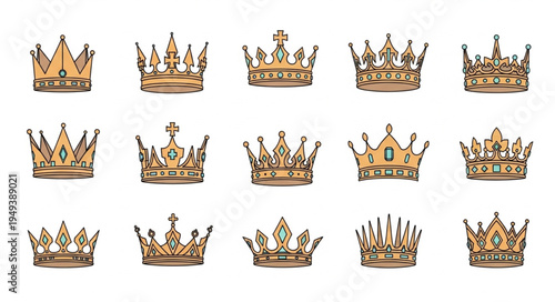 Collection of Golden Royal Crowns on White Background.