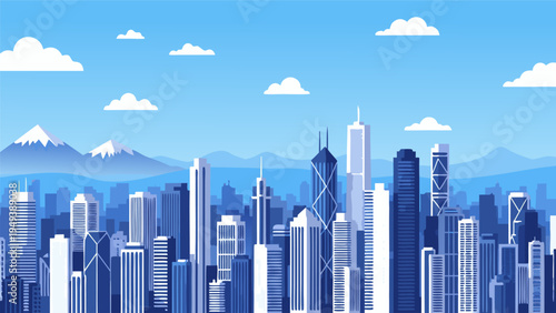 Flat vector illustration of a modern city skyline with skyscrapers, distant mountains, and clouds under a blue sky, suitable for urban development graphics