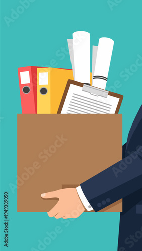 Vector illustration depicting an employee carrying a box of personal office belongings after job termination or resignation, symbolizing career transition and farewell