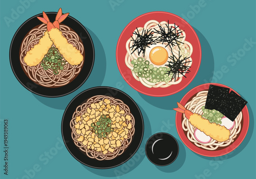Top-down vector illustration of diverse Japanese noodle dishes like udon and soba with tempura and toppings; an easily editable and high-quality graphic asset