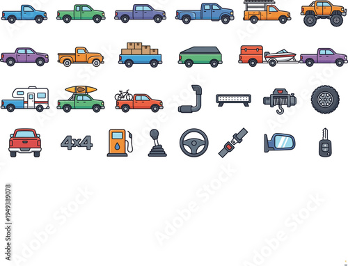Pickup truck and automotive transport line icon set featuring off road vehicles, camper, trailer, car parts, fuel station and driving equipment vector icons