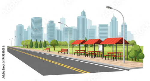 Urban street scene with bus stop and city skyline background.