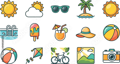 Summer vacation and beach holiday line icon set featuring sun, palm island, sunglasses, cocktail drink, beach ball, bicycle trip and travel photography vector icons