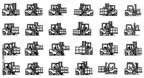Collection of Forklift Truck Icons in Various Poses.