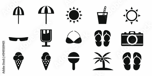 Black and white summer icons depicting beach and vacation elements