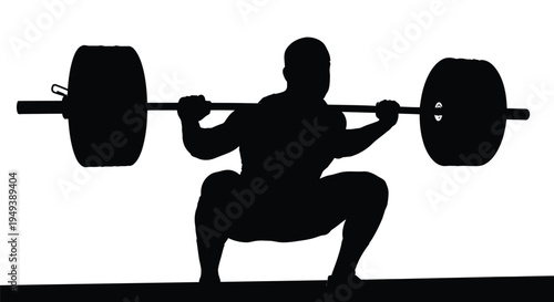 Powerful silhouette illustration of a weightlifter performing a deep squat with a heavy barbell training