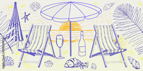 A blue line drawing depicts a relaxing beach scene with summer elements