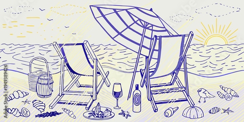 Beach scene with lounge chairs wine and seaside elements in a sketch