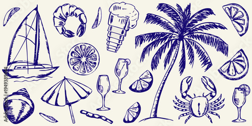 Hand drawn summer elements including a boat palm tree and tropical fruits