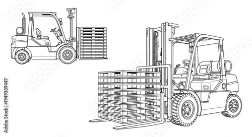 Two Forklifts Transporting Pallets in a Warehouse.