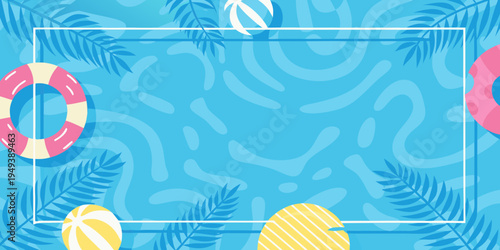Summer scene with pool floats palm leaves and a vibrant blue background