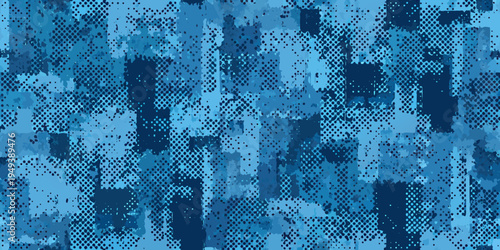 Abstract blue camouflage pattern with varying shades and textures