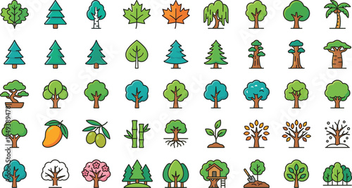 Tree vector icon set with forest trees tropical palm maple bonsai bamboo fruit trees and seasonal nature illustration collection