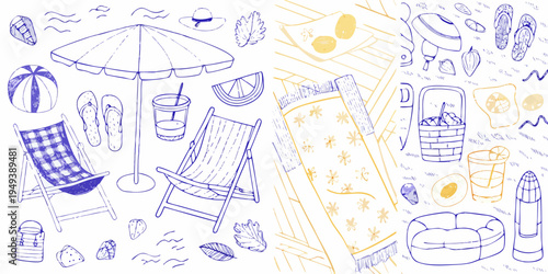 Sketch of summer essentials beach items in blue and yellow tones