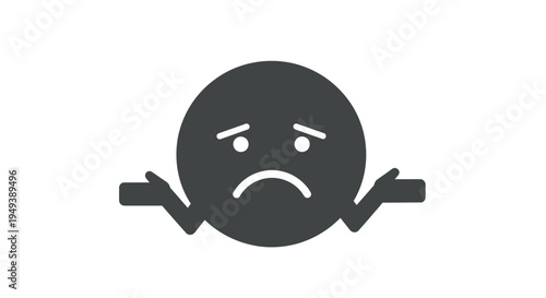 Dark Grey Sad Emoji Icon with Shrugged Shoulders Expressing Disappointment or Indecision on Isolated White Background
