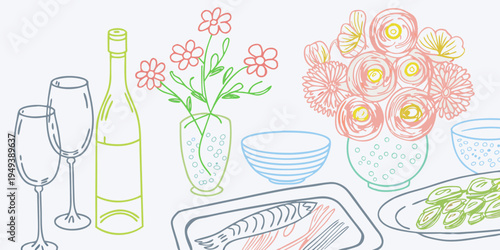 A celebratory table setting with flowers wine and a fish dish