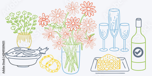 Celebratory still life with flowers champagne and a festive meal