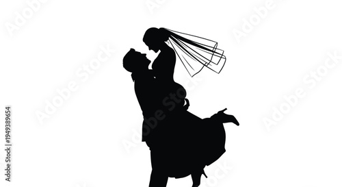 Romantic vector graphic silhouette illustration of a groom lifting his joyful bride during a wedding celebration