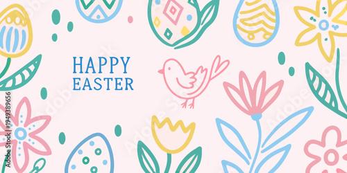 Festive easter illustration with eggs flowers and a cheerful bird