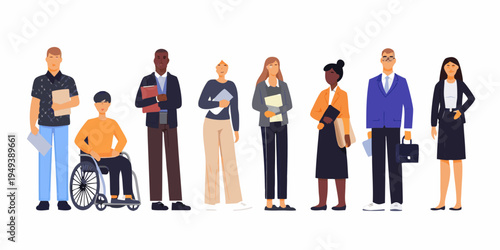 Diverse group of professionals standing together in a flat illustration