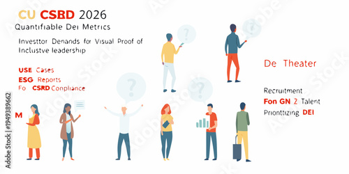 Diverse group of people discussing dei esg and csr with question marks