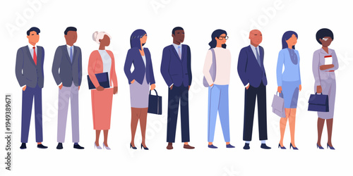 Diverse group of professionals standing in a neat organized row