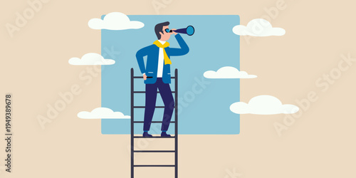 Man on a ladder looking through a telescope towards the clouds