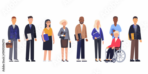 Diverse group of professional people standing in a row including accessibility