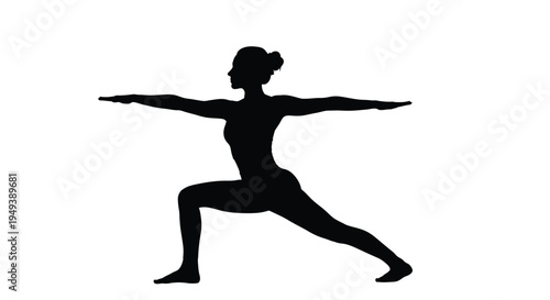 Black silhouette vector graphic illustration of a woman performing warrior two yoga pose