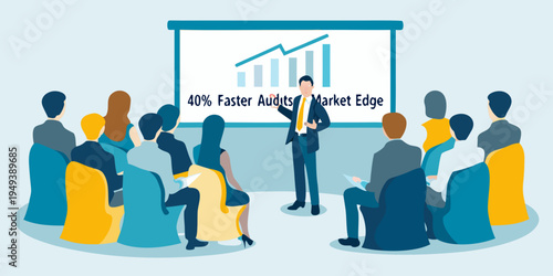 Business presentation with a speaker and audience in a modern setting