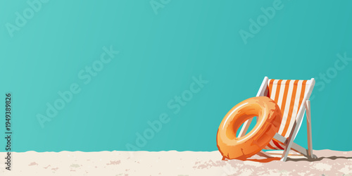 A beach chair and inflatable ring rest on a sandy shore