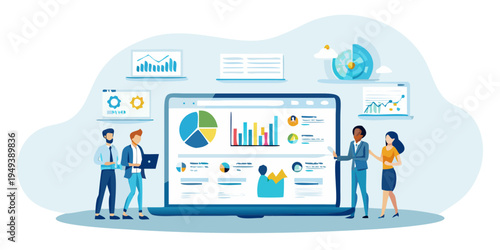 Business professionals analyzing data and reports on a large screen