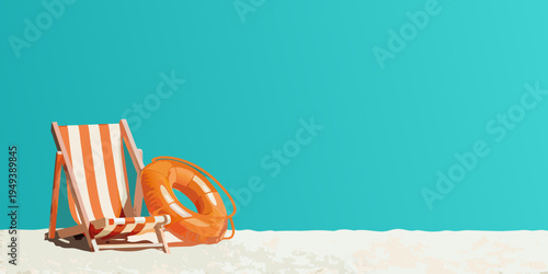 A striped beach chair and orange life preserver on a sandy beach