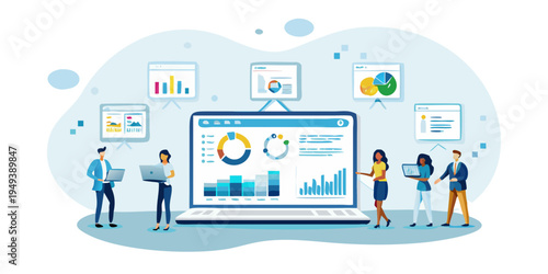 Team analyzing data and presentations on multiple digital devices