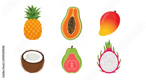 Colorful tropical fruits illustration on white