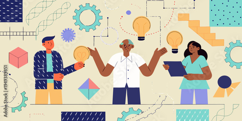 Diverse team collaborates on innovative ideas represented by abstract concepts