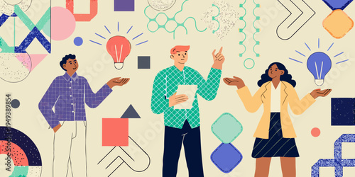 Team brainstorming ideas with abstract shapes and lightbulb concepts