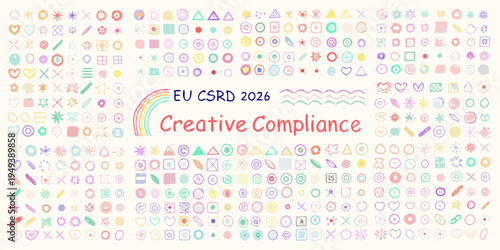 Colorful doodles and shapes with creative compliance text and branding