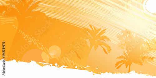 Tropical sunset scene with silhouetted palm trees and vibrant orange hues