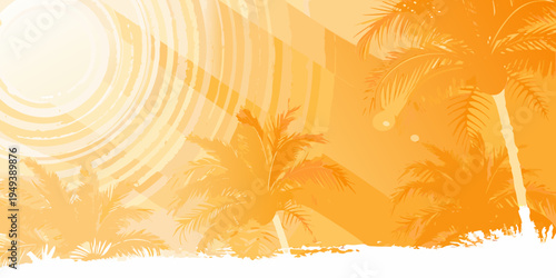 Tropical scene with palm trees silhouetted against a vibrant sun